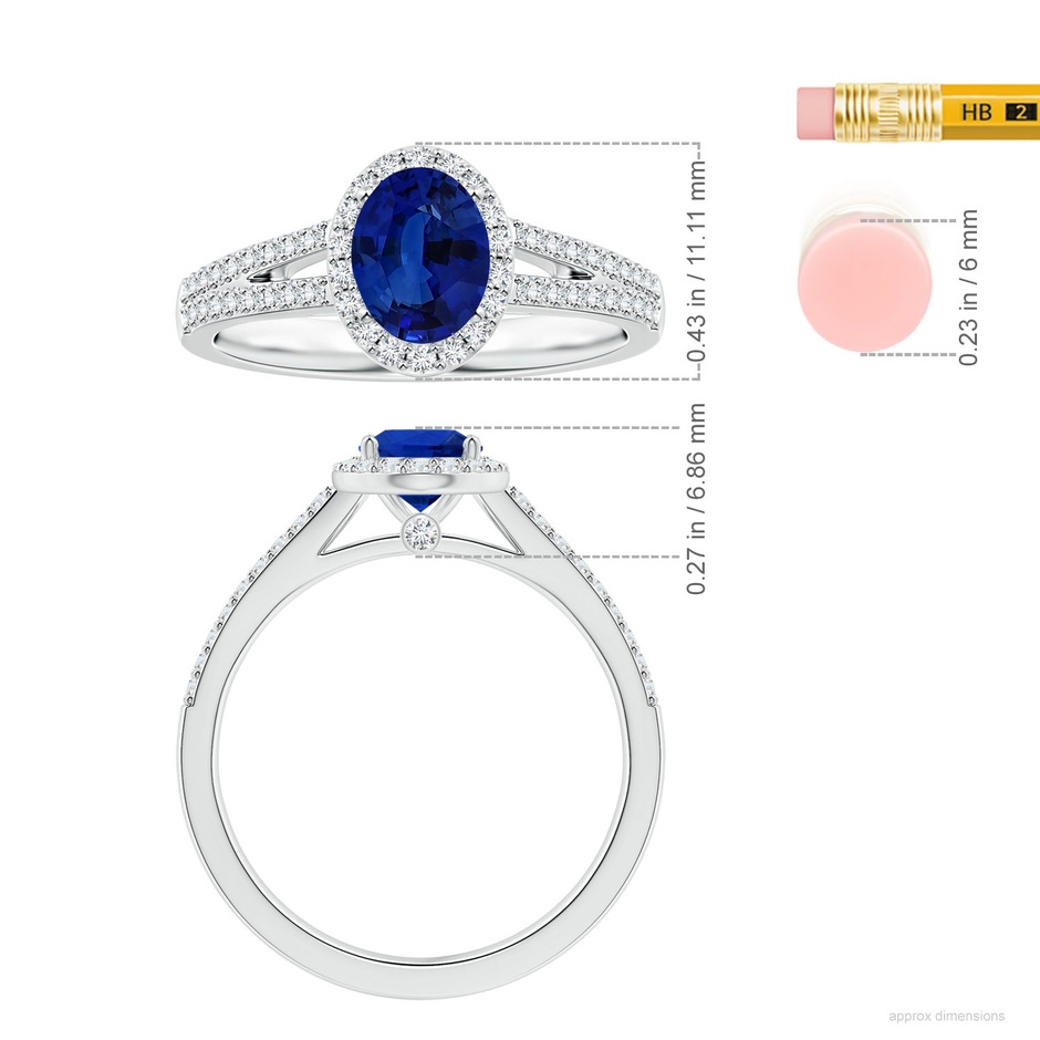 7.87x5.85x3.74mm AAAA GIA Certified Oval Blue Sapphire Halo Ring with Diamond Split Shank in White Gold ruler