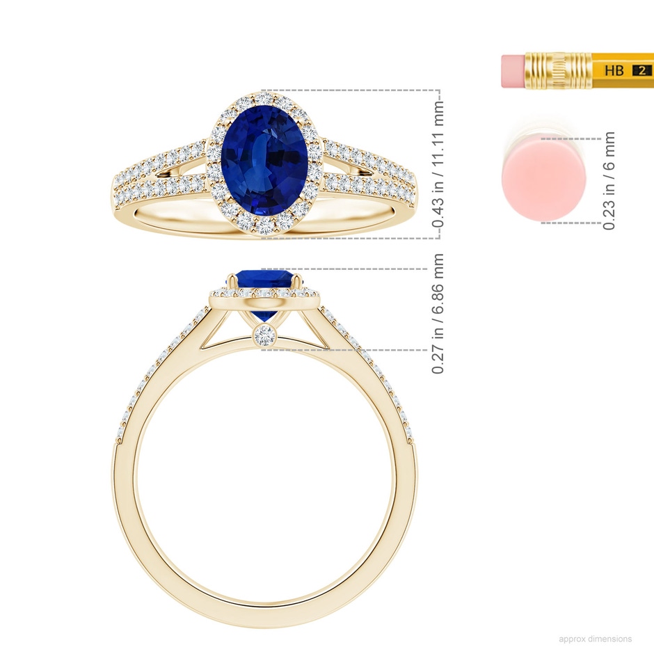 7.87x5.85x3.74mm AAAA GIA Certified Oval Blue Sapphire Halo Ring with Diamond Split Shank in Yellow Gold ruler