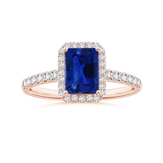 6.98x4.86x3.12mm AAA GIA Certified Emerald-Cut Blue Sapphire Halo Ring with Diamonds in 18K Rose Gold