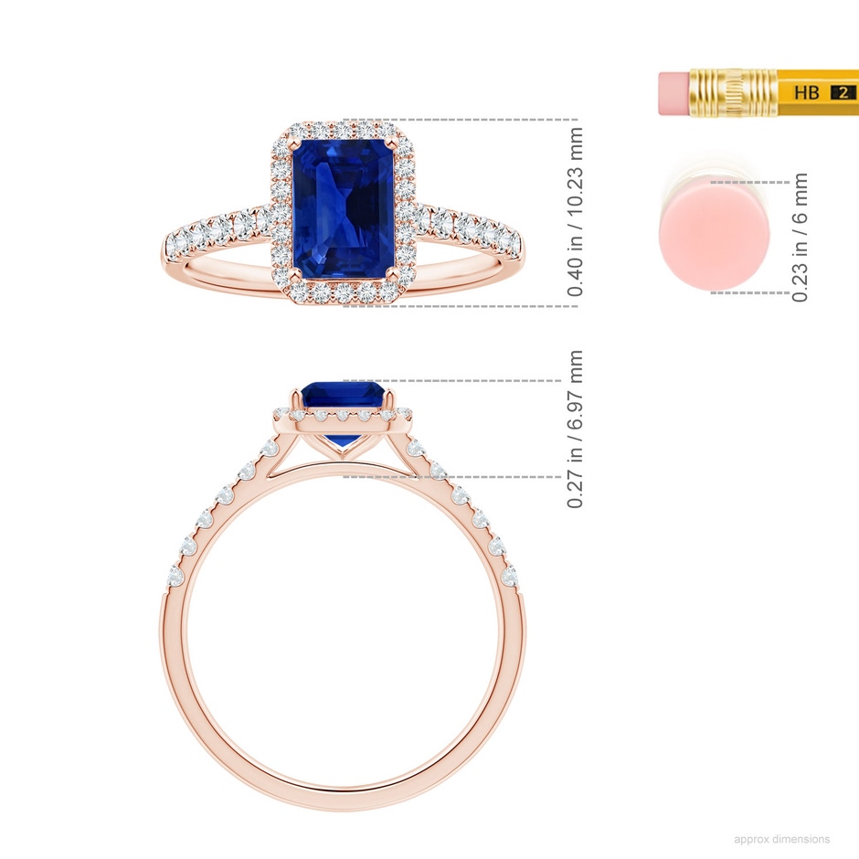 6.98x4.86x3.12mm AAA GIA Certified Emerald-Cut Blue Sapphire Halo Ring with Diamonds in 18K Rose Gold ruler