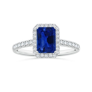 6.98x4.86x3.12mm AAA GIA Certified Emerald-Cut Blue Sapphire Halo Ring with Diamonds in White Gold