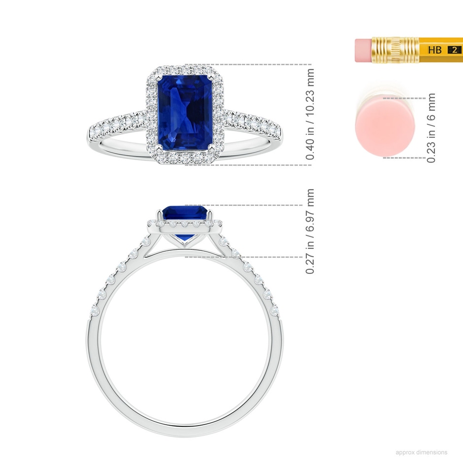 6.98x4.86x3.12mm AAA GIA Certified Emerald-Cut Blue Sapphire Halo Ring with Diamonds in White Gold ruler