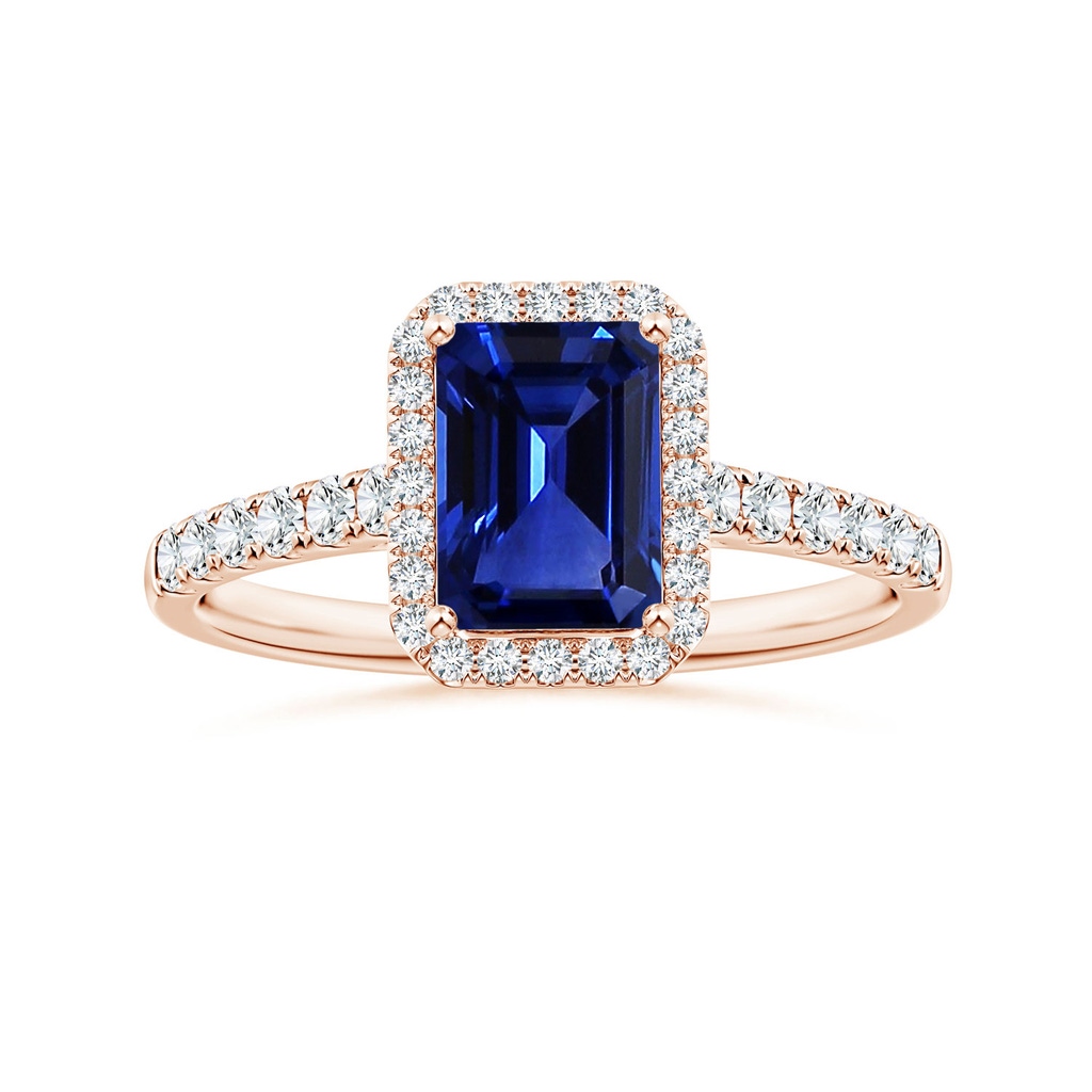 7.01x4.95x3.41mm AAA GIA Certified Emerald-Cut Blue Sapphire Halo Ring with Diamonds in 10K Rose Gold 