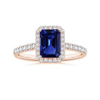 7.01x4.95x3.41mm AAA GIA Certified Emerald-Cut Blue Sapphire Halo Ring with Diamonds in 10K Rose Gold