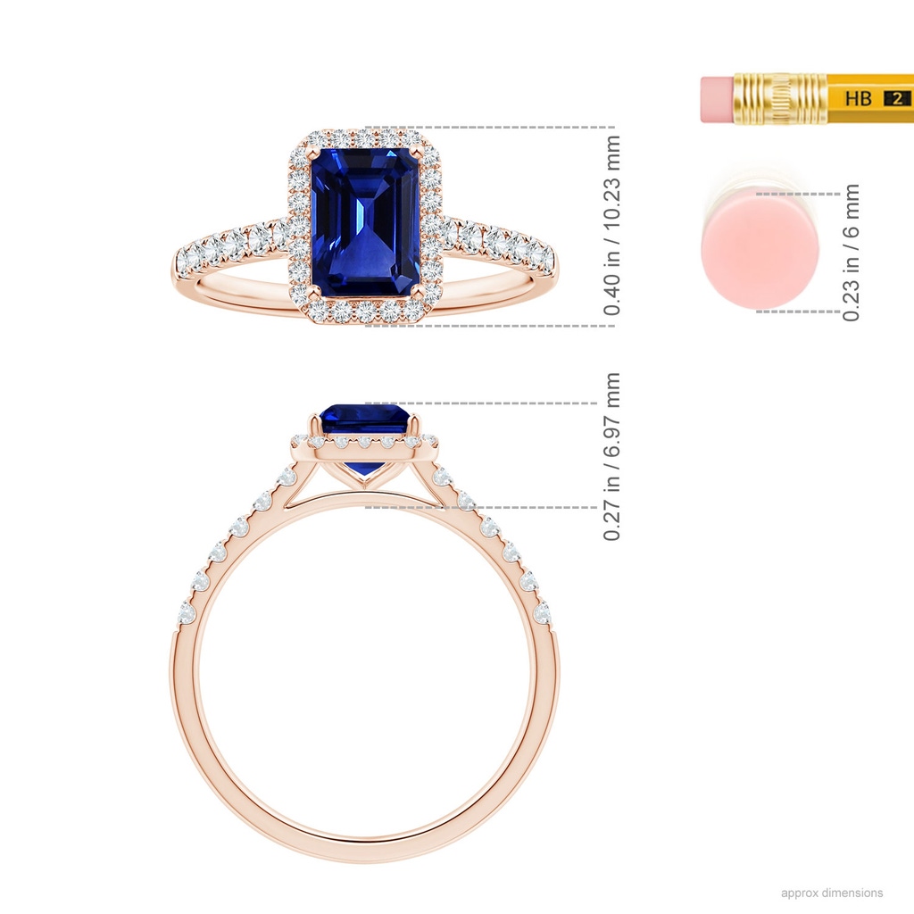 7.01x4.95x3.41mm AAA GIA Certified Emerald-Cut Blue Sapphire Halo Ring with Diamonds in 10K Rose Gold ruler