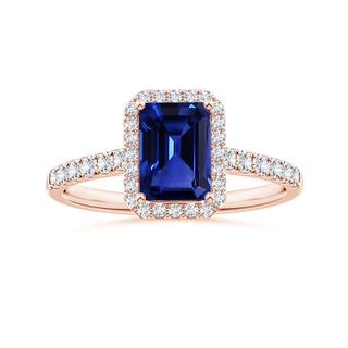 7.01x4.95x3.41mm AAA GIA Certified Emerald-Cut Blue Sapphire Halo Ring with Diamonds in 18K Rose Gold