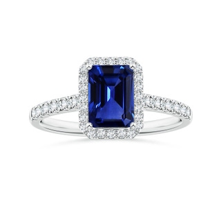 7.01x4.95x3.41mm AAA GIA Certified Emerald-Cut Blue Sapphire Halo Ring with Diamonds in P950 Platinum