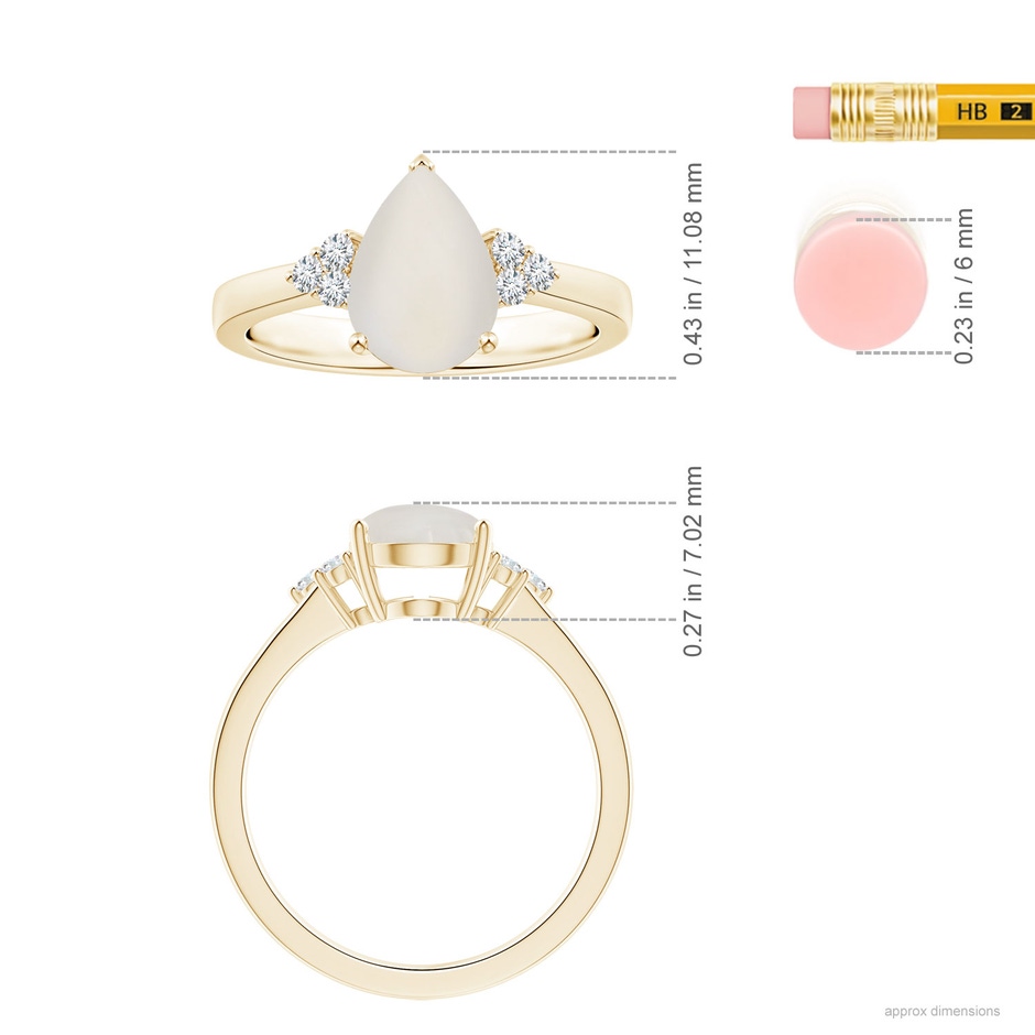 10.13x6.92x3.56mm AAAA GIA Certified Pear-Shaped Rainbow Moonstone Reverse Tapered Ring with Diamonds in Yellow Gold ruler