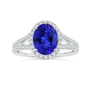 10.06x8.01x5.44mm AAAA GIA Certified Oval Tanzanite Halo Scroll Ring with Diamond Split Shank in White Gold