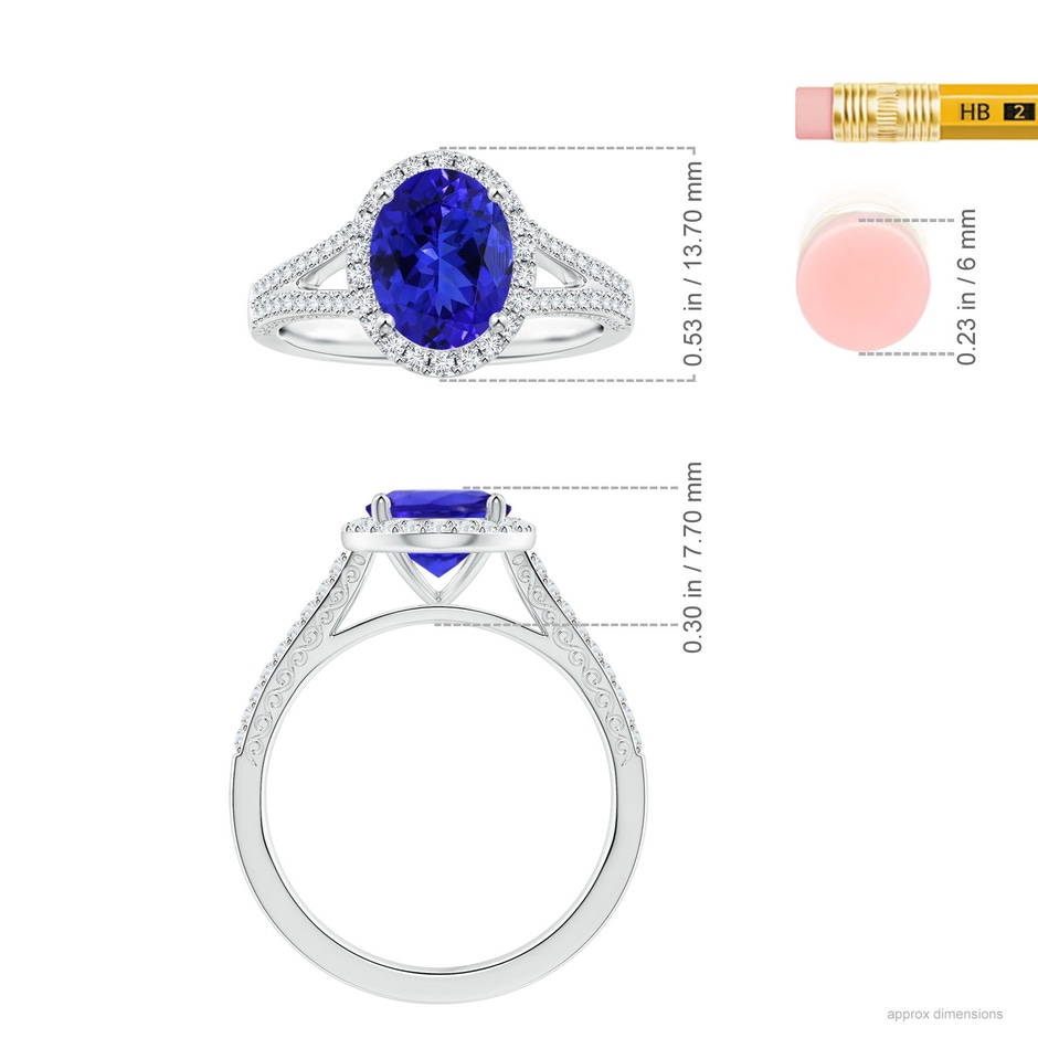 10.06x8.01x5.44mm AAAA GIA Certified Oval Tanzanite Halo Scroll Ring with Diamond Split Shank in White Gold ruler