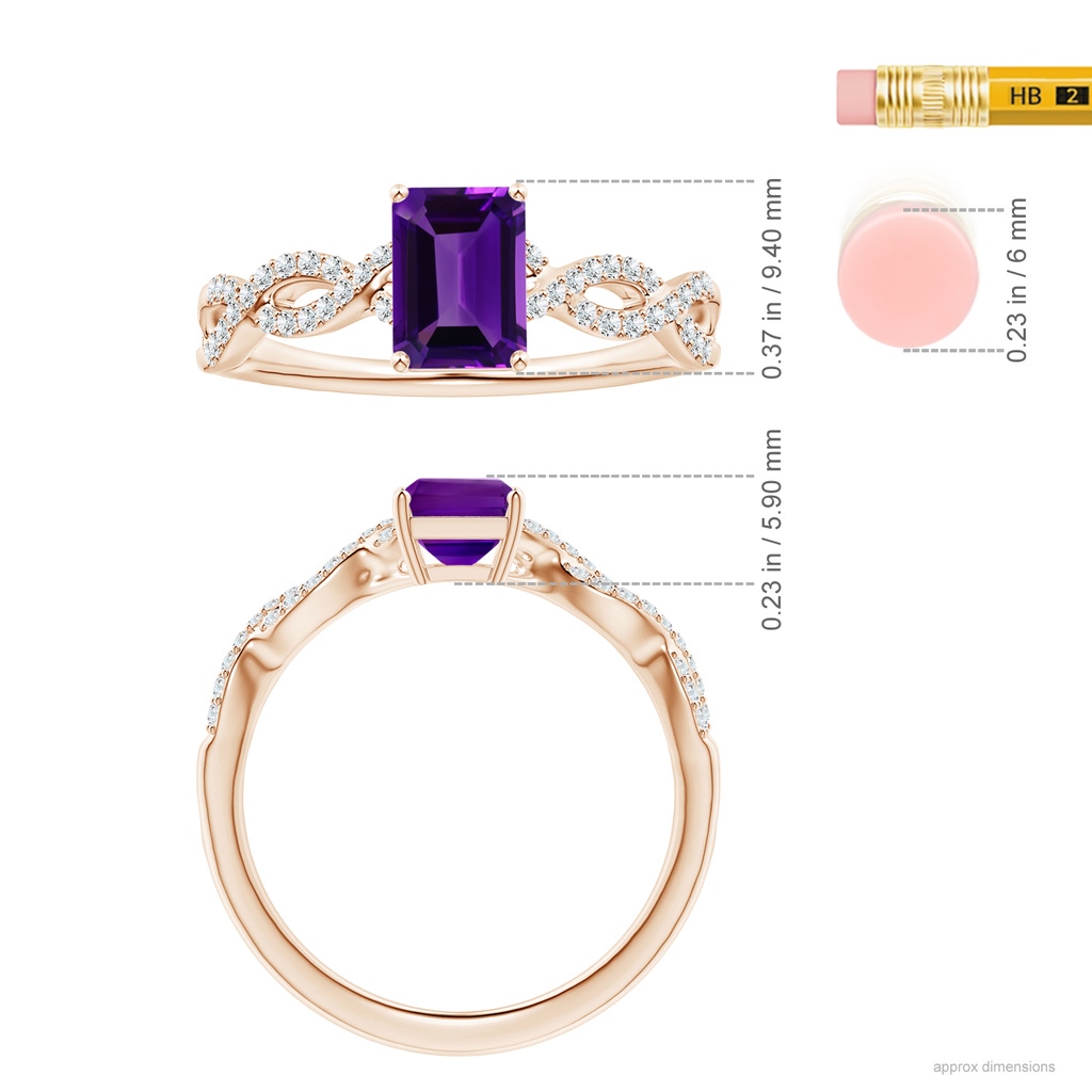 7.91x5.92x3.96mm AAA GIA Certified Emerald-Cut Amethyst Ring with Diamond Twist Shank in 9K Rose Gold ruler