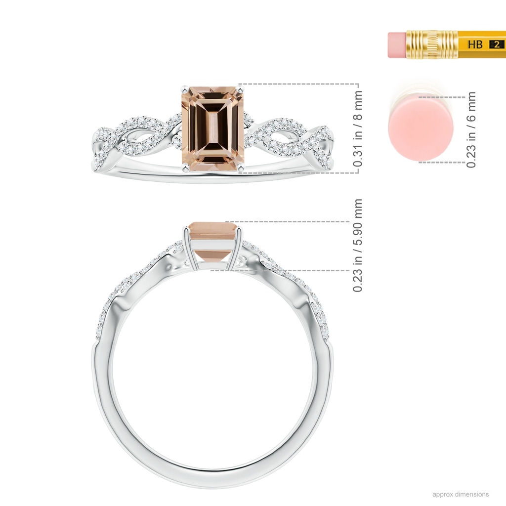 8.11x6.03x4.13mm AAA Prong-Set GIA Certified Emerald-Cut Morganite Ring with Diamond Twist Shank in P950 Platinum ruler