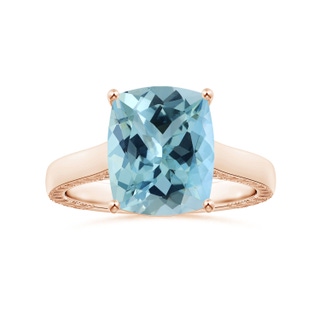 11.13x9.10x6.21mm AAAA Prong-Set GIA Certified Cushion Aquamarine Ring with Feather Detailing in 10K Rose Gold