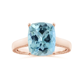 11.13x9.10x6.21mm AAAA Prong-Set GIA Certified Cushion Aquamarine Ring with Feather Detailing in 18K Rose Gold