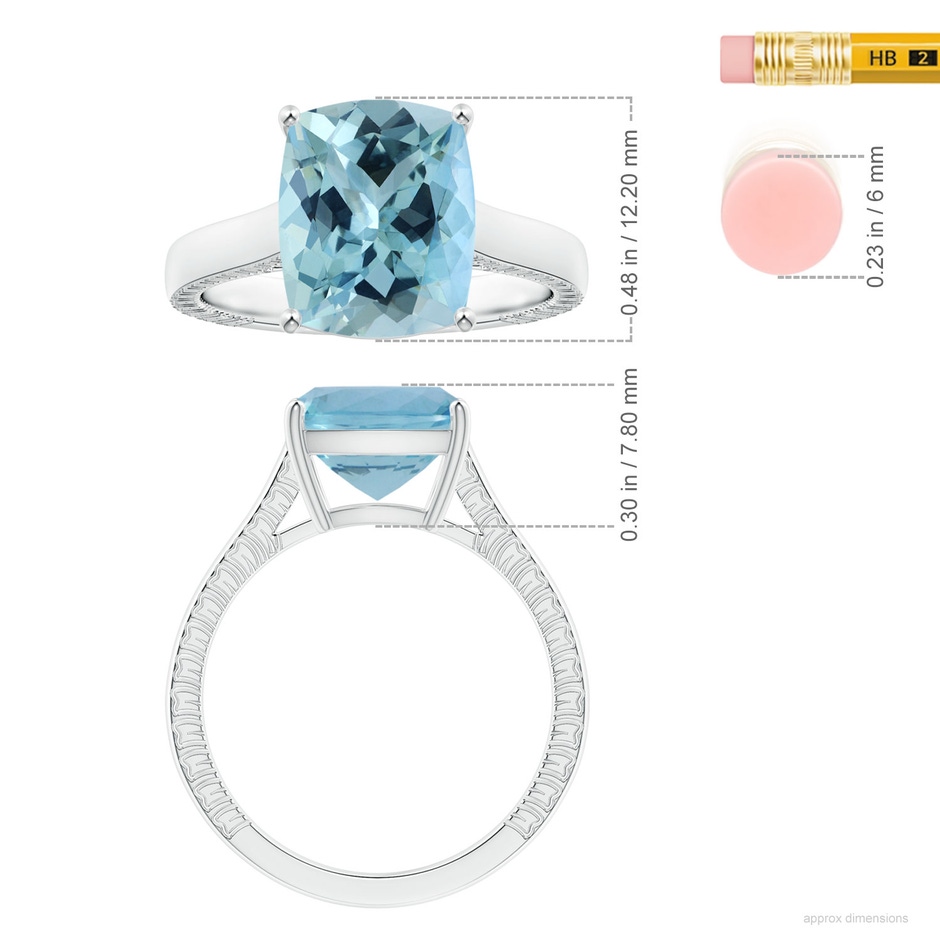 11.13x9.10x6.21mm AAAA Prong-Set GIA Certified Cushion Aquamarine Ring with Feather Detailing in P950 Platinum ruler