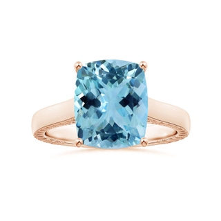 11.16x9.04x5.8mm AAAA Prong-Set GIA Certified Cushion Aquamarine Ring with Feather Detailing in 9K Rose Gold