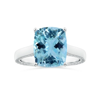 11.16x9.04x5.8mm AAAA Prong-Set GIA Certified Cushion Aquamarine Ring with Feather Detailing in P950 Platinum