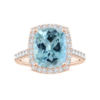 11.13x9.10x6.21mm AAAA GIA Certified Cushion Aquamarine Single Halo Ring with Diamonds in 10K Rose Gold