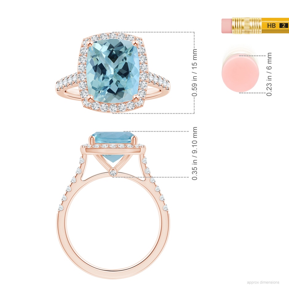 11.13x9.10x6.21mm AAAA GIA Certified Cushion Aquamarine Single Halo Ring with Diamonds in 18K Rose Gold ruler