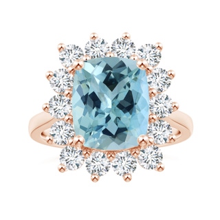 11.13x9.10x6.21mm AAAA Princess Diana Inspired GIA Certified Cushion Aquamarine Reverse Tapered Shank Ring with Halo in 18K Rose Gold