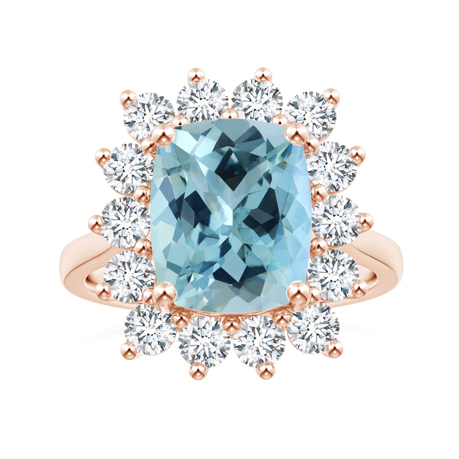 11.13x9.10x6.21mm AAAA Princess Diana Inspired GIA Certified Cushion Aquamarine Reverse Tapered Shank Ring with Halo in 18K Rose Gold 