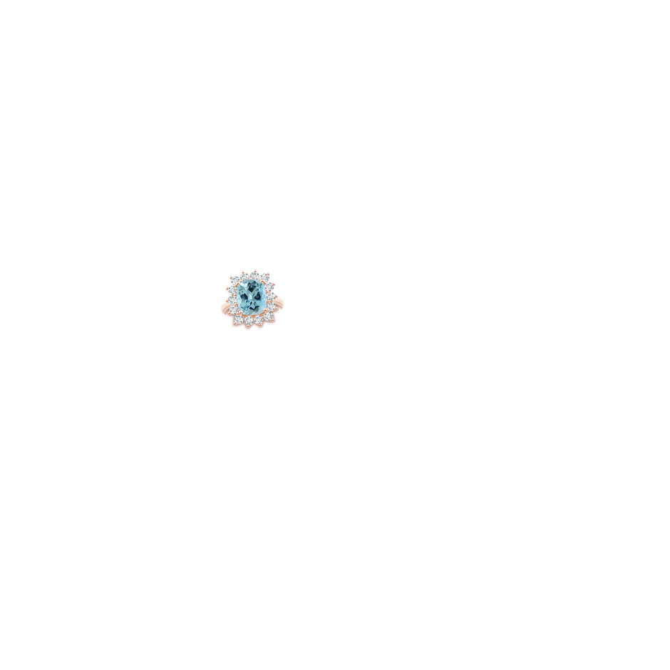 11.13x9.10x6.21mm AAAA Princess Diana Inspired GIA Certified Cushion Aquamarine Reverse Tapered Shank Ring with Halo in 18K Rose Gold hand