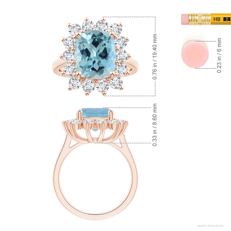 11.13x9.10x6.21mm AAAA Princess Diana Inspired GIA Certified Cushion Aquamarine Reverse Tapered Shank Ring with Halo in 18K Rose Gold ruler