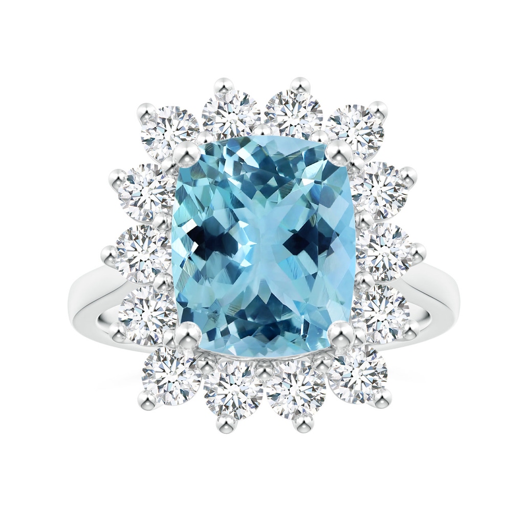 11.16x9.04x5.8mm AAAA Princess Diana Inspired GIA Certified Cushion Aquamarine Reverse Tapered Shank Ring with Halo in White Gold