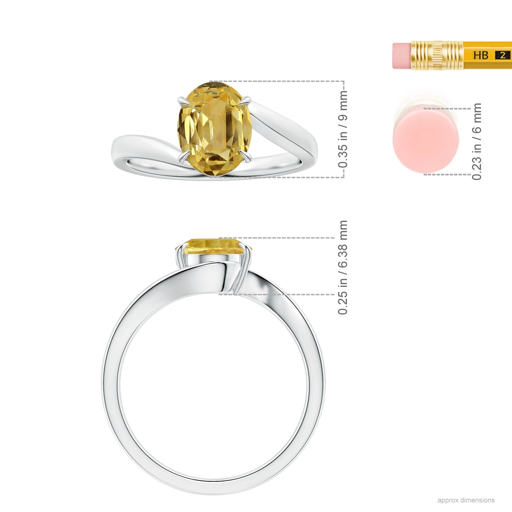 9.08x7.00x3.98mm AAAA Claw-Set Solitaire Oval Yellow Sapphire Bypass Ring in White Gold ruler