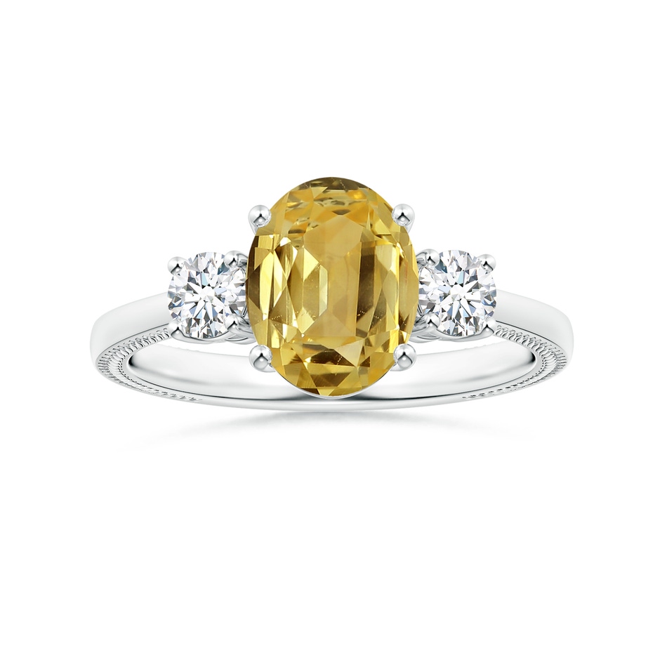 9.08x7.00x3.98mm AAAA Three Stone Oval Yellow Sapphire Ring with Reverse Tapered Leaf Shank in White Gold 