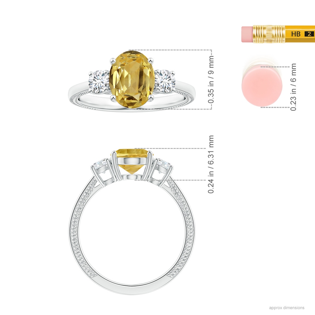 9.08x7.00x3.98mm AAAA Three Stone Oval Yellow Sapphire Ring with Reverse Tapered Leaf Shank in White Gold ruler