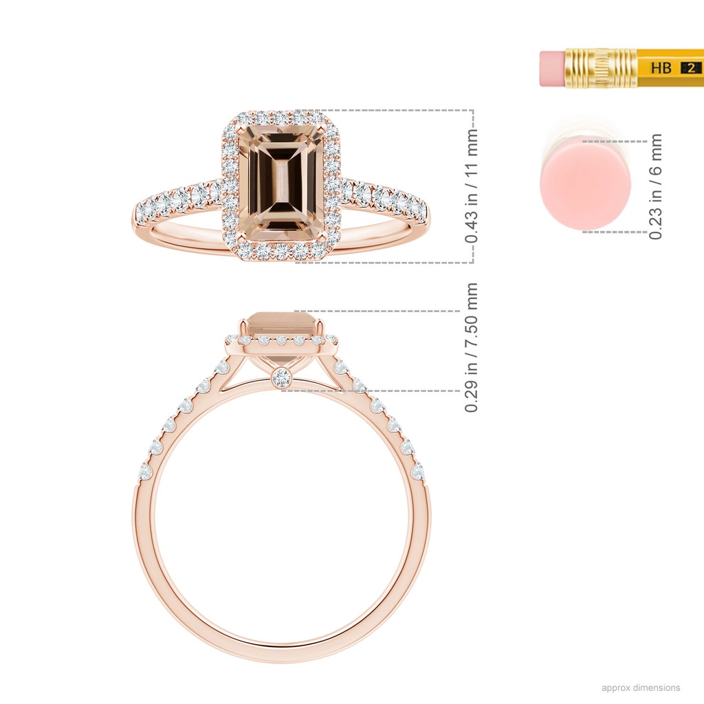 8.11x6.03x4.13mm AAA GIA Certified Emerald-Cut Morganite Halo Ring with Diamonds in 18K Rose Gold ruler