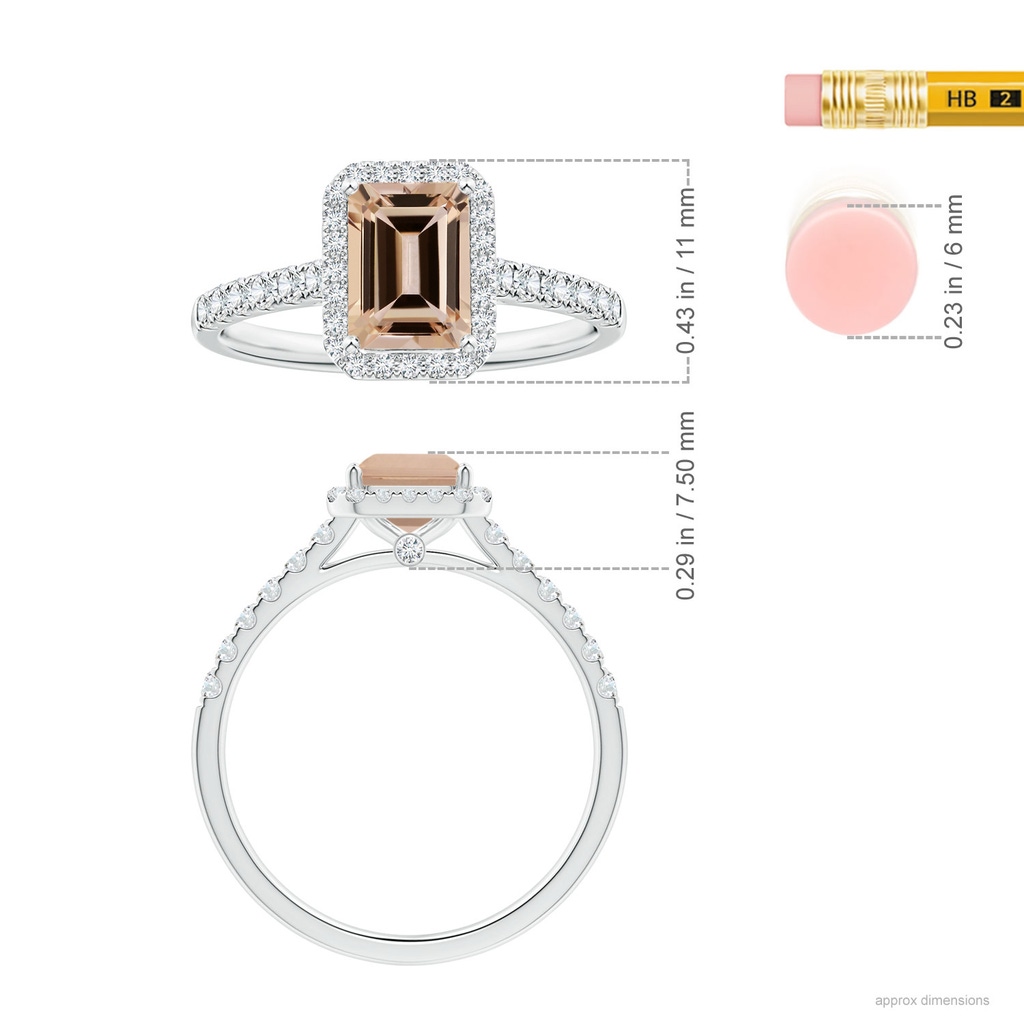 8.11x6.03x4.13mm AAA GIA Certified Emerald-Cut Morganite Halo Ring with Diamonds in 18K White Gold ruler