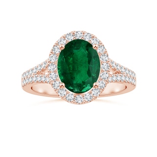 9.14x6.95x4.59mm AAA GIA Certified Oval Emerald Split Shank Ring with Diamond Halo in 10K Rose Gold