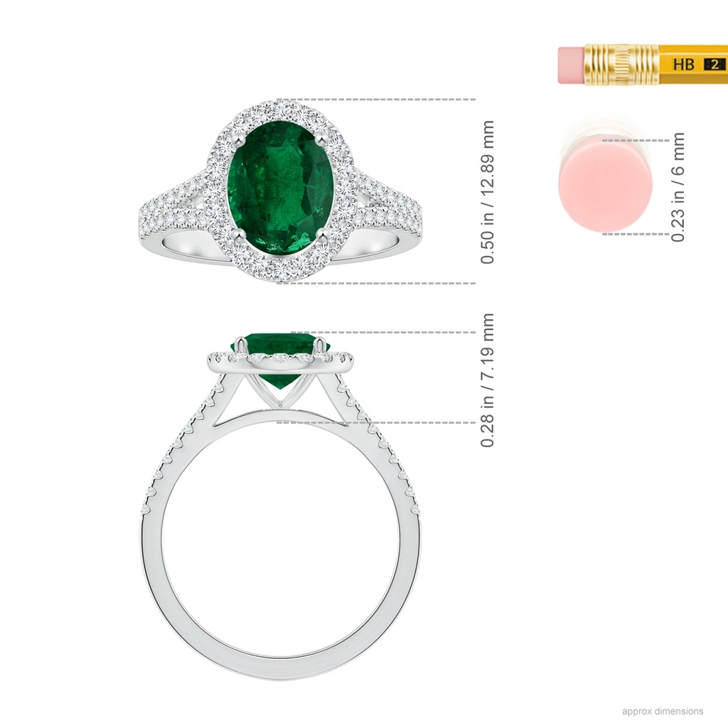 9.14x6.95x4.59mm AAA GIA Certified Oval Emerald Split Shank Ring with Diamond Halo in White Gold ruler
