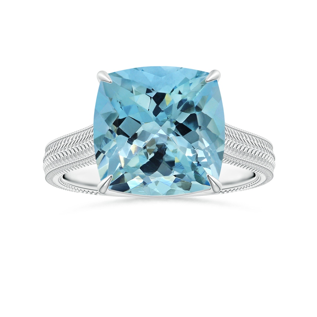 11.03x10.89x7.36mm AAA Claw-Set GIA Certified Cushion Aquamarine Solitaire Ring with Leaf Motifs in 18K White Gold