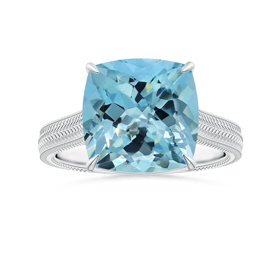 11.03x10.89x7.36mm AAA Claw-Set GIA Certified Cushion Aquamarine Solitaire Ring with Leaf Motifs in 18K White Gold 