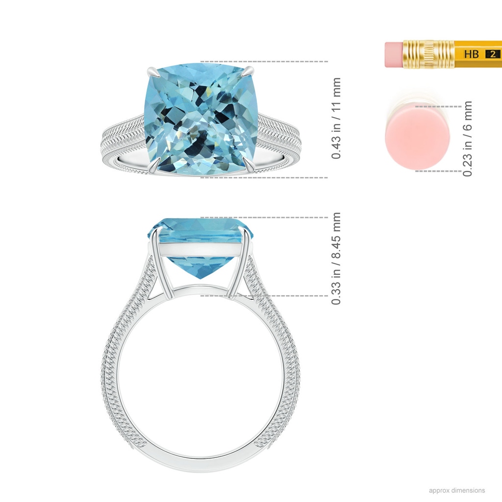 11.03x10.89x7.36mm AAA Claw-Set GIA Certified Cushion Aquamarine Solitaire Ring with Leaf Motifs in 18K White Gold Ruler