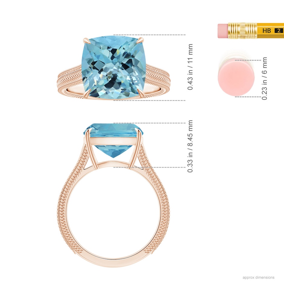 11.03x10.89x7.36mm AAA Claw-Set GIA Certified Cushion Aquamarine Solitaire Ring with Leaf Motifs in Rose Gold ruler