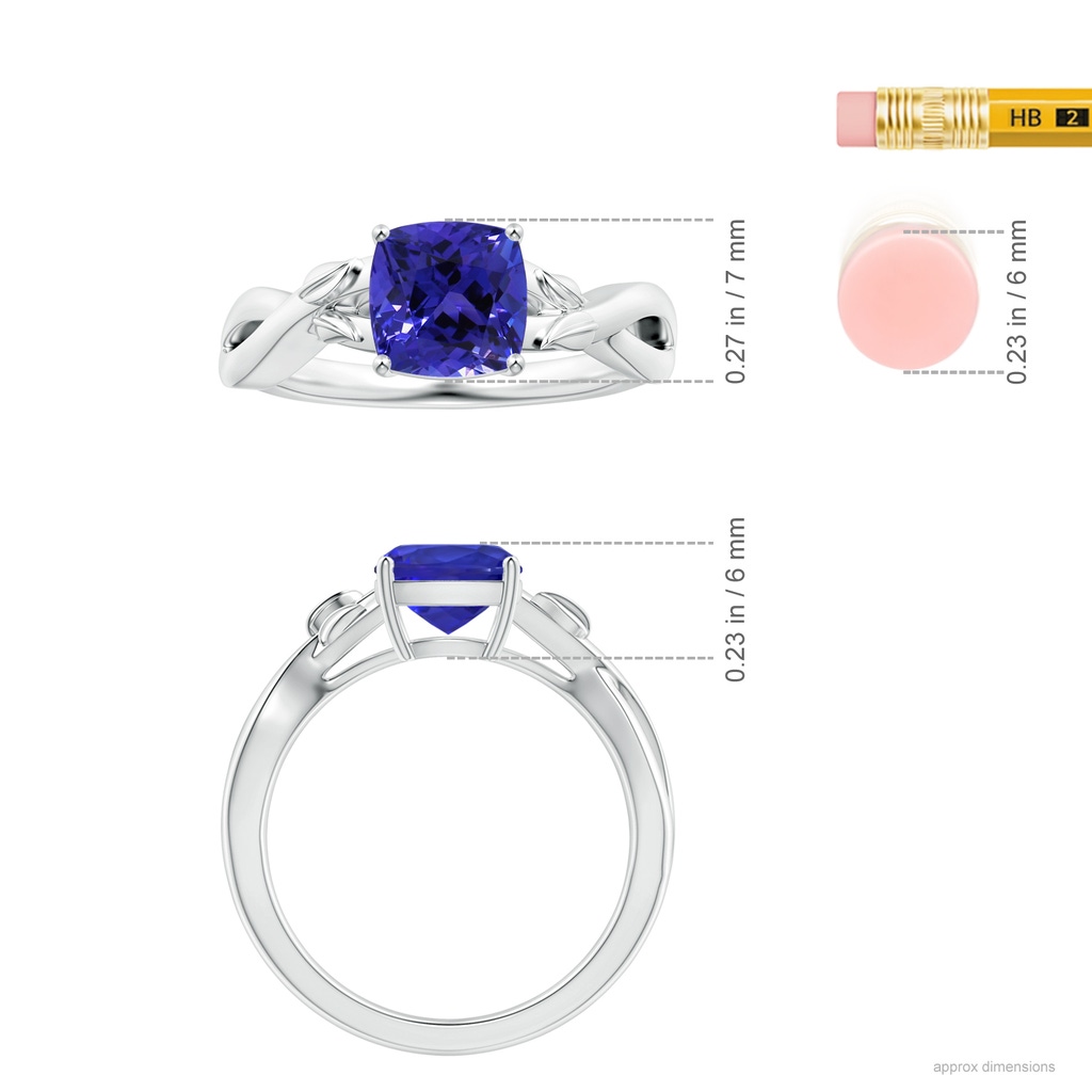 6.89x6.86x4.60mm AAA Nature Inspired GIA Certified Prong-Set Cushion Tanzanite Solitaire Ring in P950 Platinum ruler