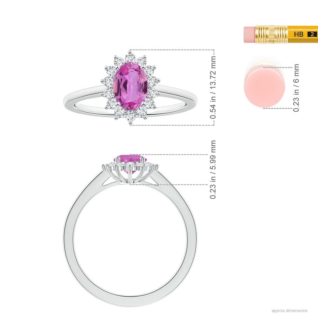 8.19x6.15x2.72mm AAAA Princess Diana Inspired Oval Pink Sapphire Ring with Halo in P950 Platinum ruler
