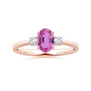 8.19x6.15x2.72mm AAAA Three Stone Oval Pink Sapphire Ring with Reverse Tapered Scroll Shank in 18K Rose Gold