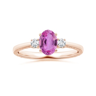 8.19x6.15x2.72mm AAAA Three Stone Oval Pink Sapphire Ring with Reverse Tapered Scroll Shank in 9K Rose Gold