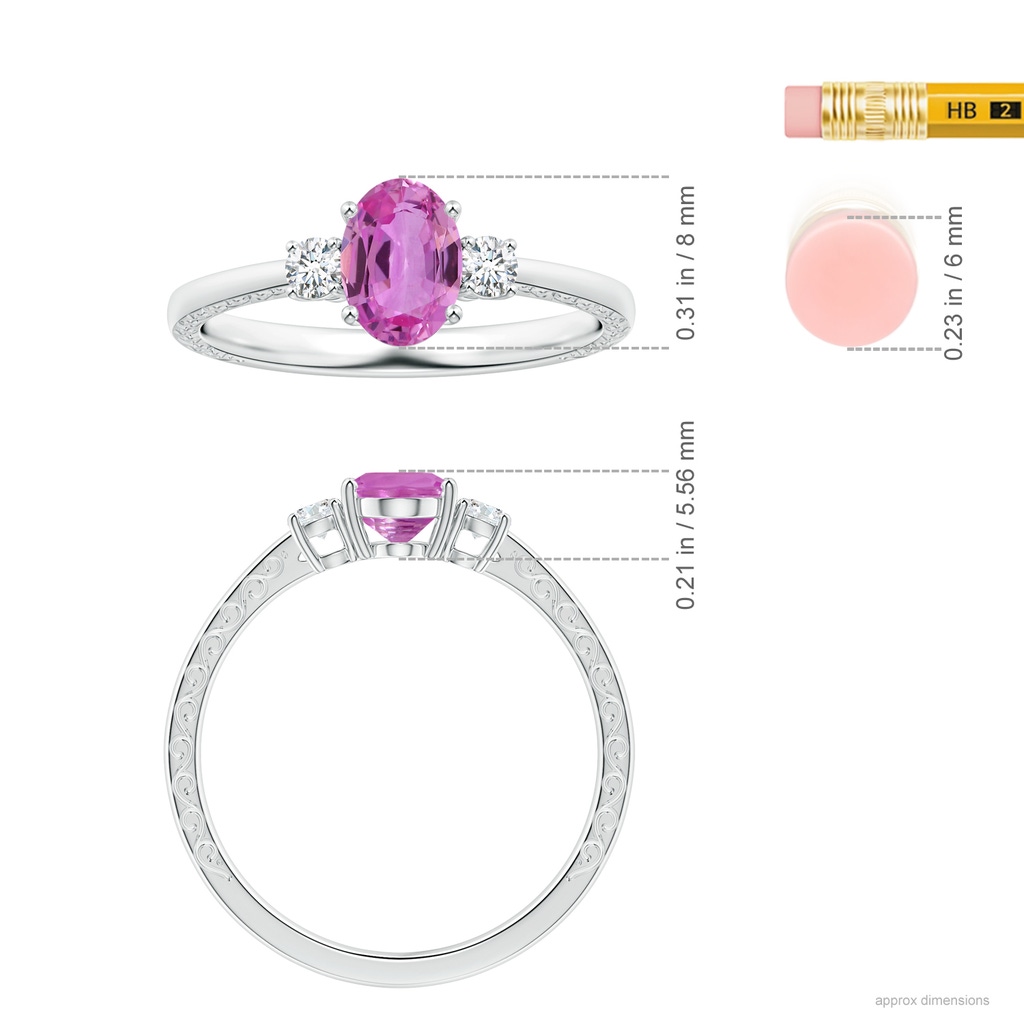 8.19x6.15x2.72mm AAAA Three Stone Oval Pink Sapphire Ring with Reverse Tapered Scroll Shank in P950 Platinum ruler