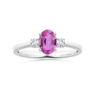8.19x6.15x2.72mm AAAA Three Stone Oval Pink Sapphire Ring with Reverse Tapered Scroll Shank in White Gold