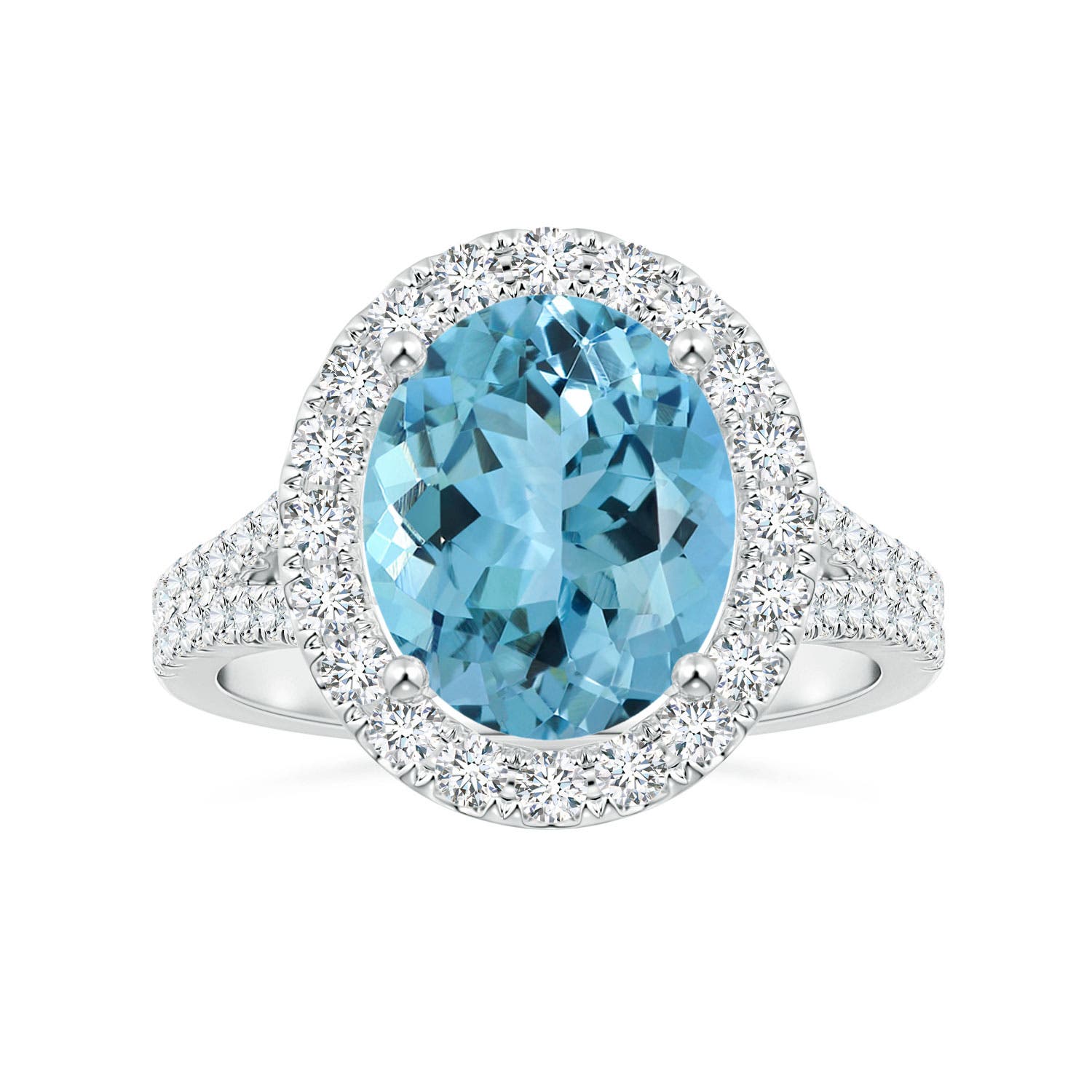 GIA Certified Oval Aquamarine Halo Ring with Diamond Split Shank