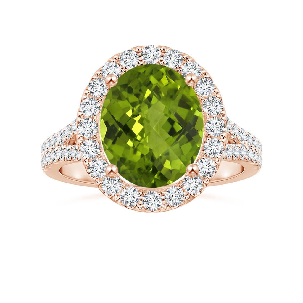 11.03x8.92x5.66mm AAA GIA Certified Oval Peridot Split Shank Ring with Diamond Halo in Rose Gold