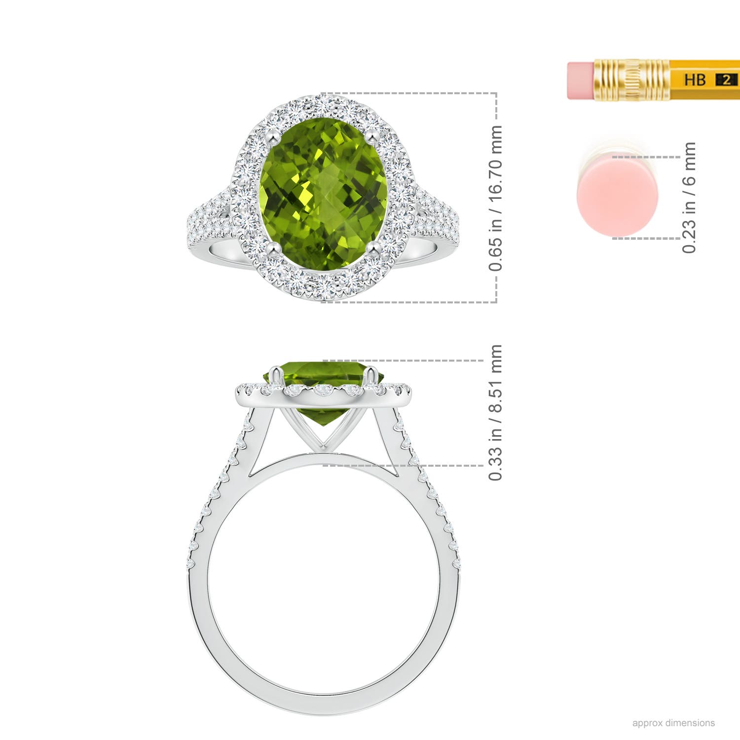11.03x8.92x5.66mm AAA GIA Certified Oval Peridot Split Shank Ring with Diamond Halo in White Gold - ruler