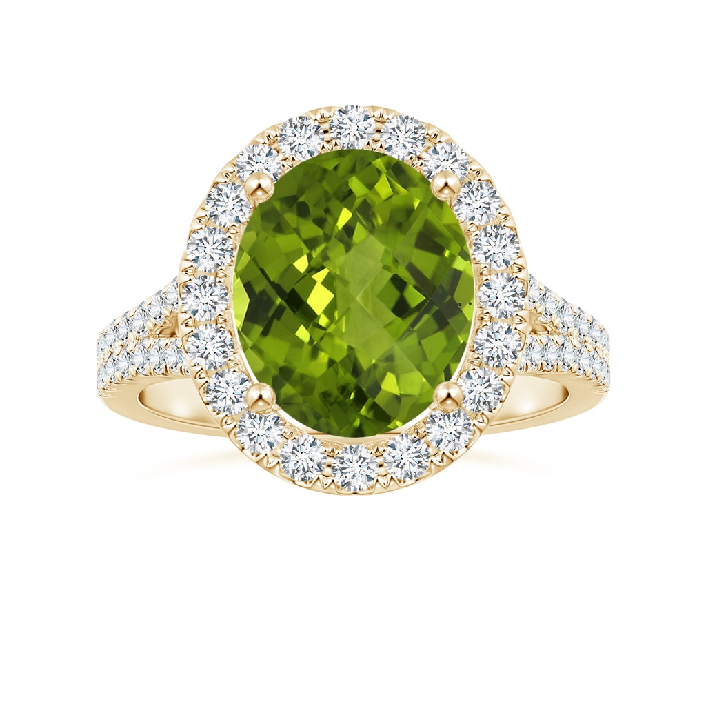 11.03x8.92x5.66mm AAA GIA Certified Oval Peridot Split Shank Ring with Diamond Halo in Yellow Gold