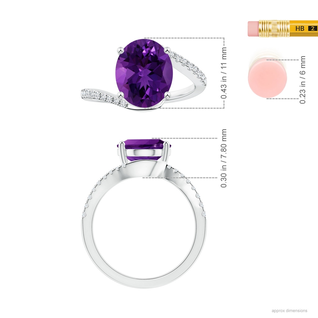 11.21x9.20x5.94mm AA GIA Certified Prong-Set Oval Amethyst Bypass Ring with Diamonds in P950 Platinum ruler